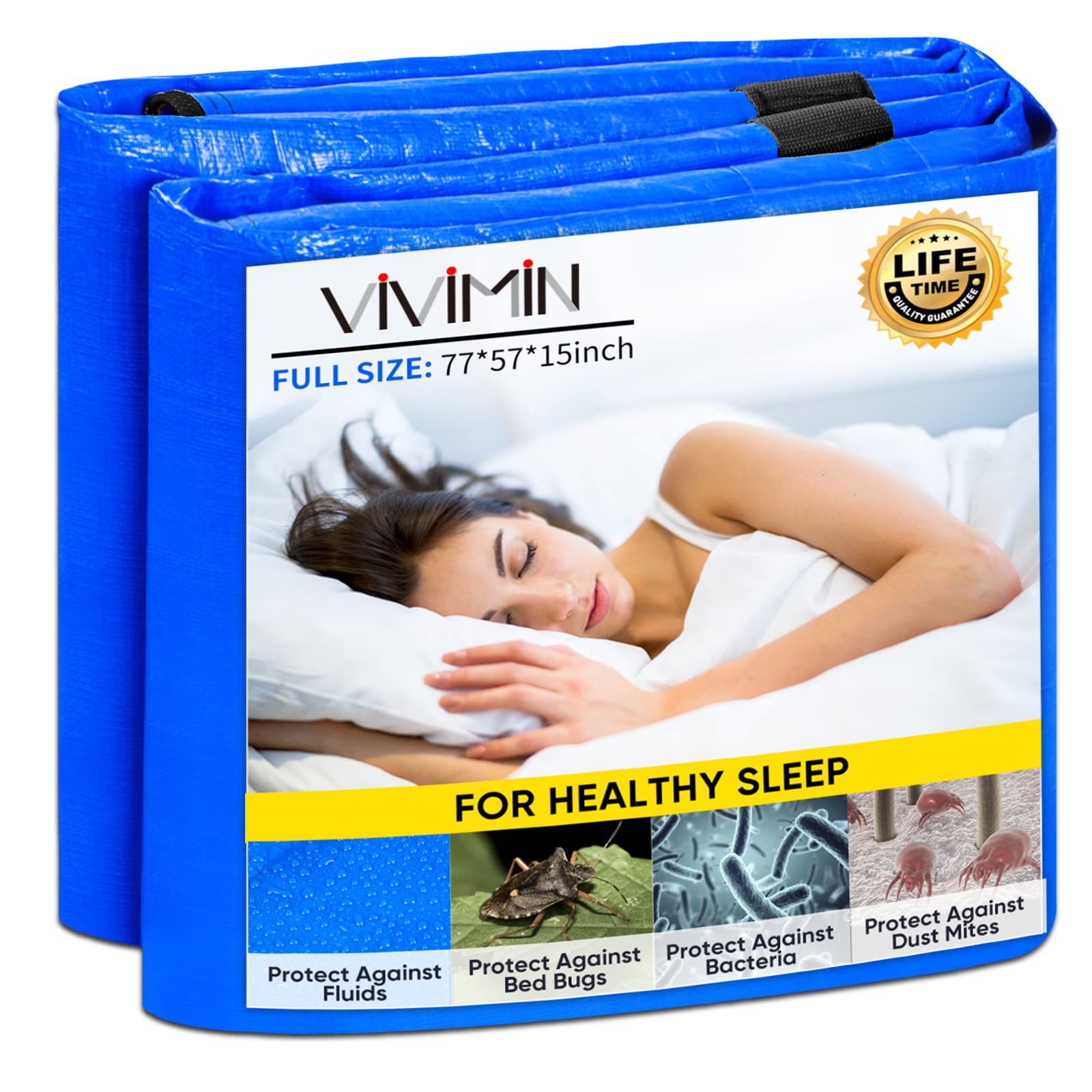 Full Size Mattress Moving Bag - Heavy Duty 200GSM Waterproof Mattress Protector with Durable Zippers & 8 Reinforced Handles | Reusable Storage Cover for House Moving, College Dorm, Camping & Guest Room Protection (Blue)