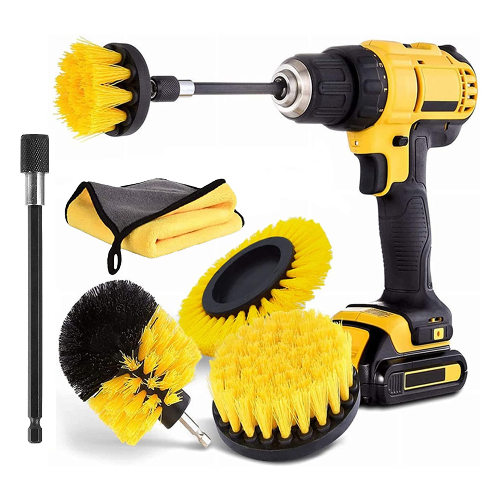 6-Piece Drill Brush Attachment Set - 4 Cleaning Brushes with Extendable Long Handle & Microfiber Towel - Perfect for Bathroom, Kitchen, Car Detailing & Deep Cleaning Surfaces