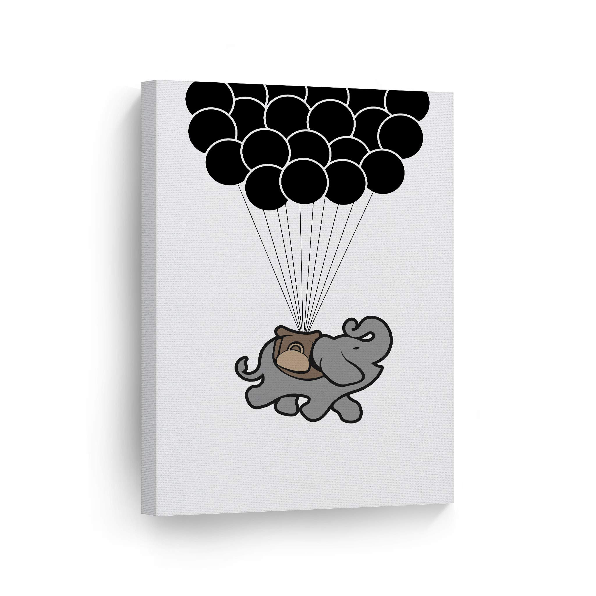 Flying Cute Happy Elephant with Black Balloons Canvas Print - Safari Animal Wall Art for Nursery, Kids Room & Home Decor - 36x24 Inches - Perfect for Baby Girl & Boy Bedroom, Playroom & Office
