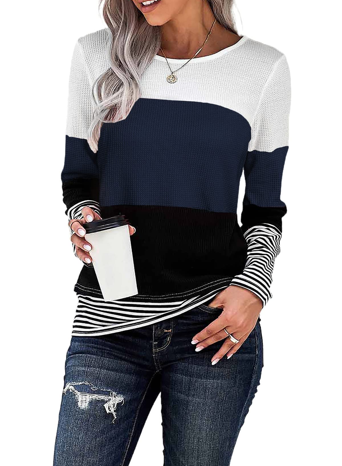 2022 Women's Fashion Sweater - Casual Long Sleeve Crewneck Color Block Patchwork Pullover Waffle Knit Top | Cozy Fall & Winter Wear, Office & Weekend Outfits