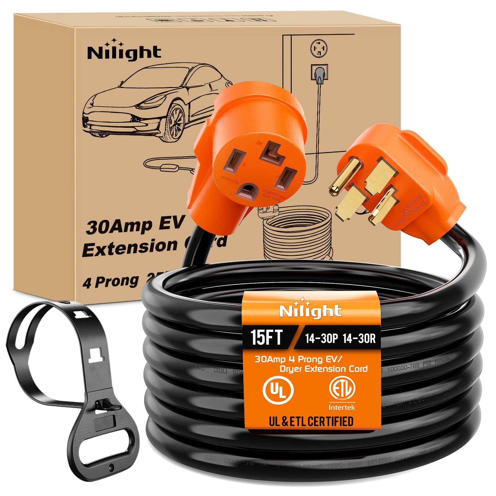 30 Amp 15FT 4 Prong EV Dryer Extension Cord - Heavy Duty NEMA 14-30P to 14-30R Electric Vehicle Charging Cable for Tesla, Chevy, Nissan - Perfect for Home, Garage & RV Use