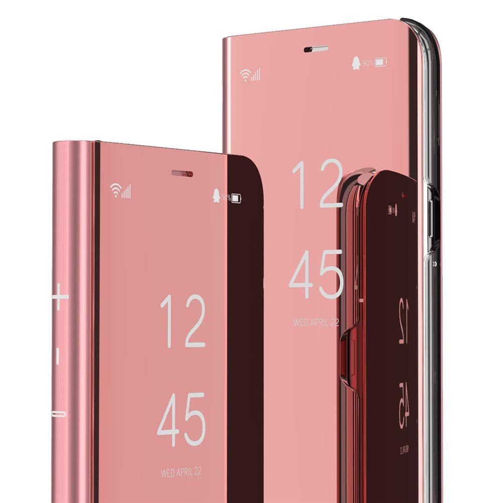 MEIKONST Premium PU Leather Flip Case for Sony Xperia XZ3 - Ultra Slim Mirror Finish, Scratch-Resistant with Clear View Window & Built-in Kickstand (Rose Gold) - Perfect for Work, Travel and Daily Protection