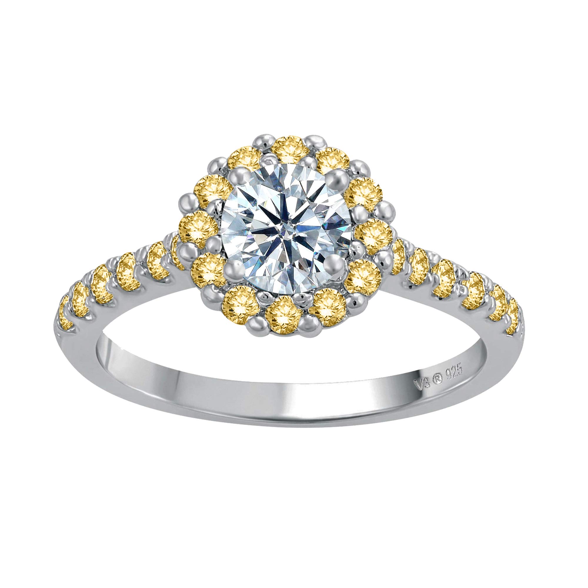 14K Sterling Silver Moissanite & Yellow Sapphire Halo Ring for Women | Elegant Engagement, Wedding, Anniversary Jewelry Gift