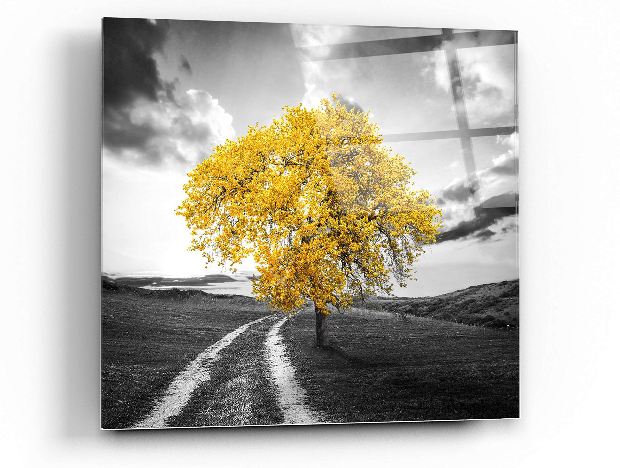 Vibrant Tree Series: Gold Acrylic Glass Wall Art - 24x24 Inches Modern Home Decor for Living Room, Bedroom & Office