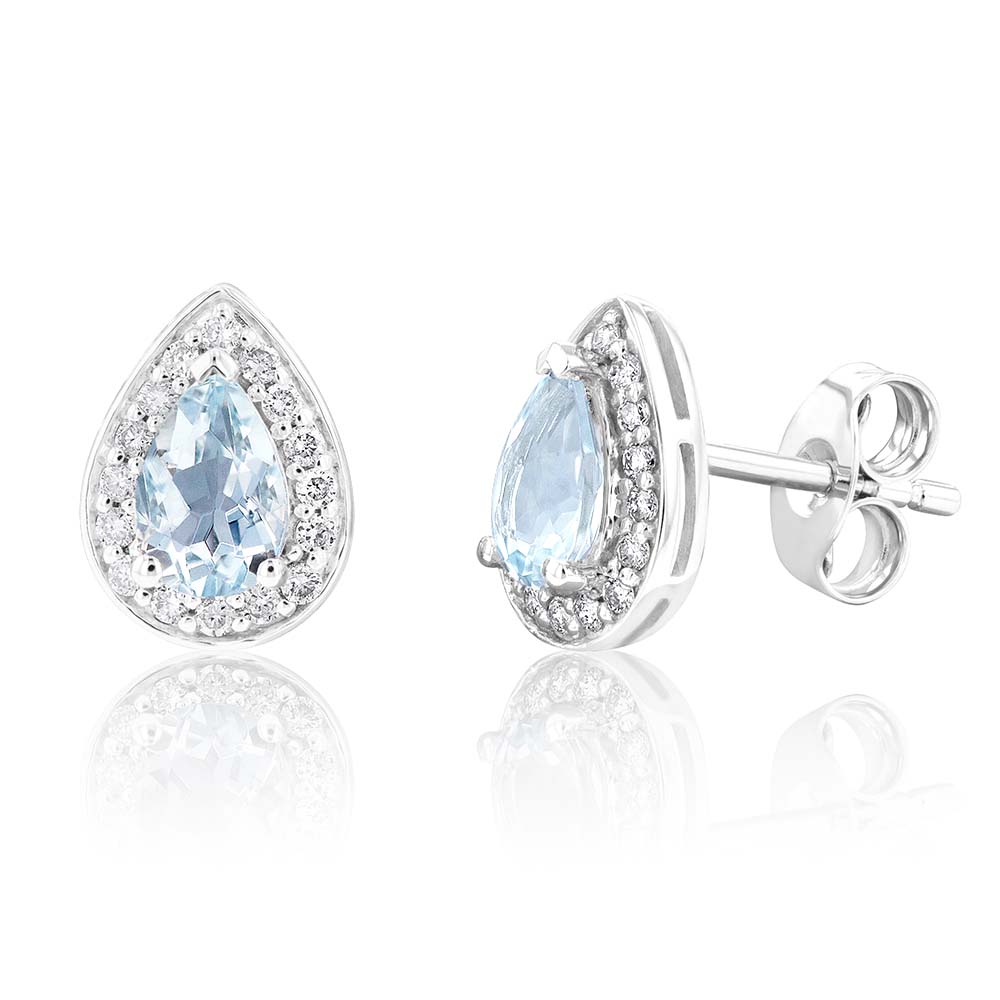 9ct White Gold 1/3ct Aquamarine & 0.15ct Diamond Pear Halo Stud Earrings for Women - Elegant Jewelry Gift for Wedding, Anniversary & Special Occasions