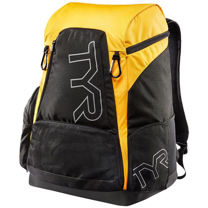 TYR Alliance Team Backpack 45L - Large Waterproof Swim Backpack for Competition & Training - Black/Gold - Perfect for Swim Meets, Gym & Travel Gear Storage
