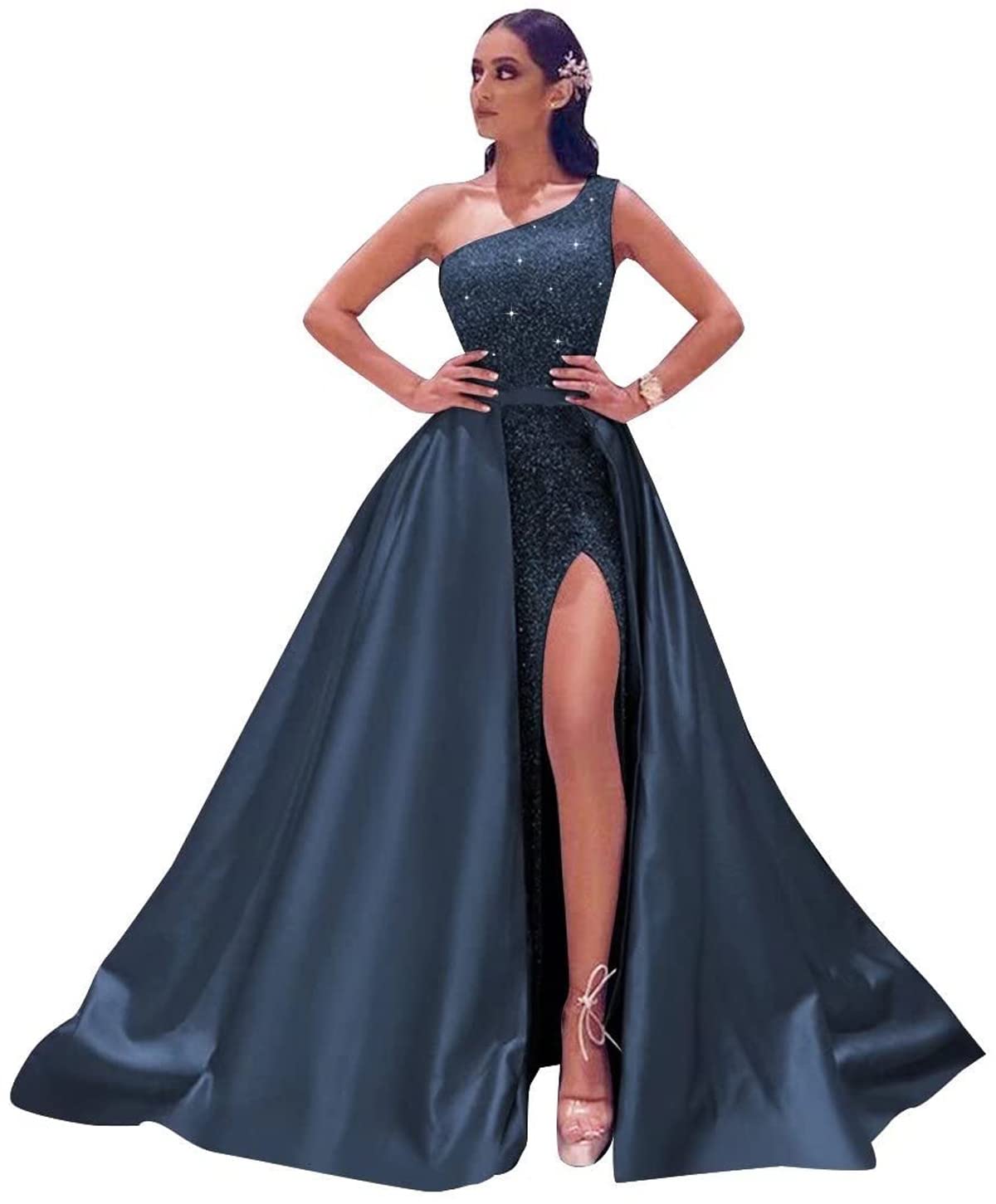 Dymaisei Women's One Shoulder Prom Dresses 2022 | Sparkly Sequins Evening Gown with High Slit | Formal Party Dress for Homecoming, Prom Night & Special Occasions