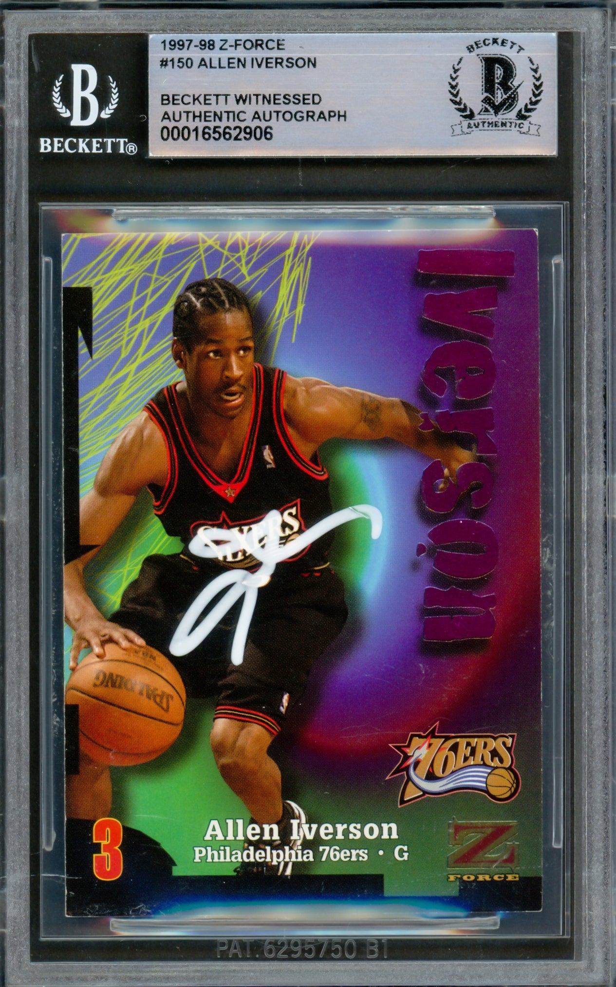 Allen Iverson Autographed 1997-98 Skybox Z-Force Basketball Card #150 - Philadelphia 76ers - Beckett BAS Certified Witnessed #16562906 - Perfect for NBA Memorabilia Collectors & Sports Fans Display