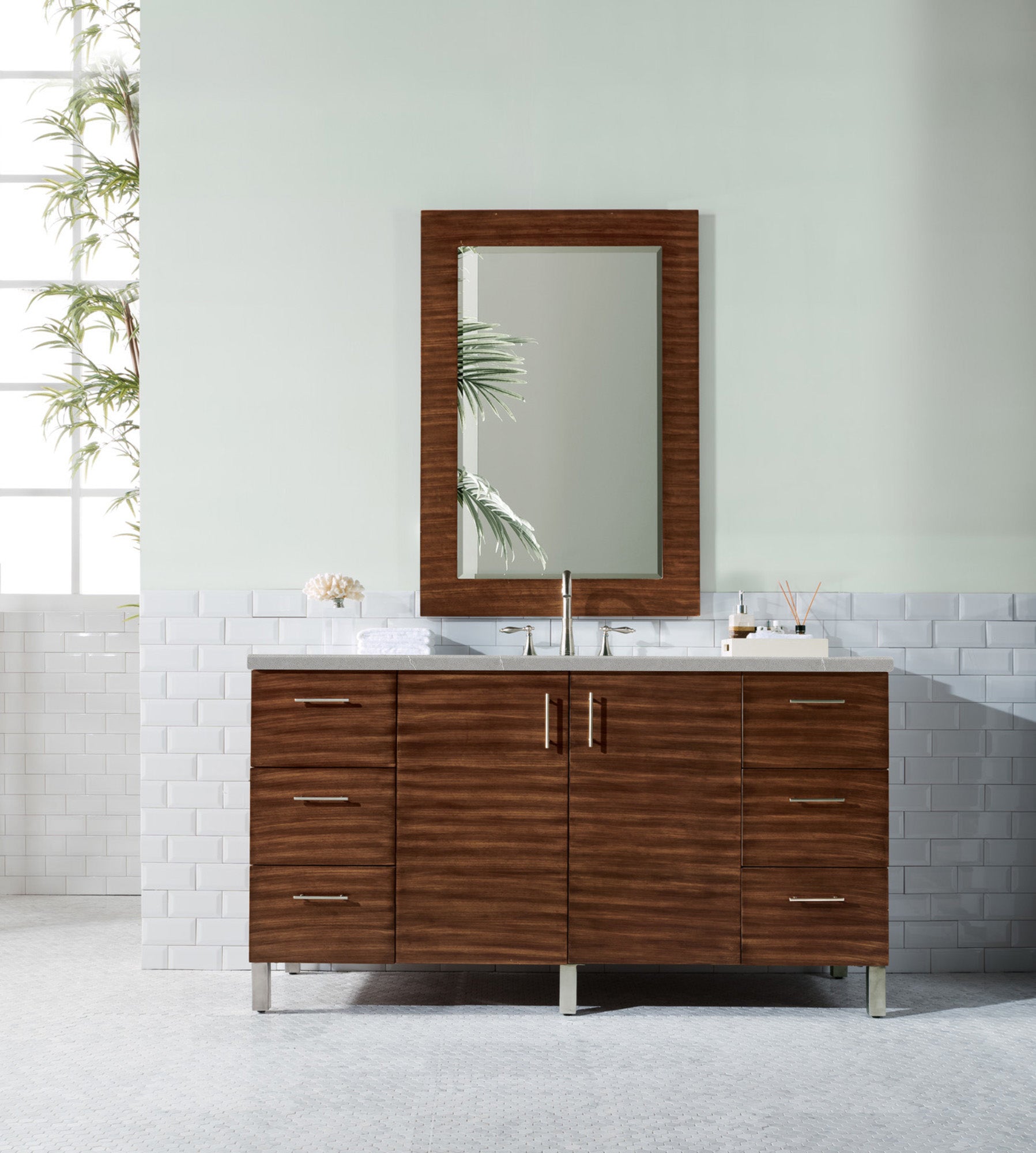 Metropolitan 60 Inch Single Bathroom Vanity with 3CM Eternal Serena Quartz Top in American Walnut - Perfect for Modern Master Bathrooms & Powder Rooms