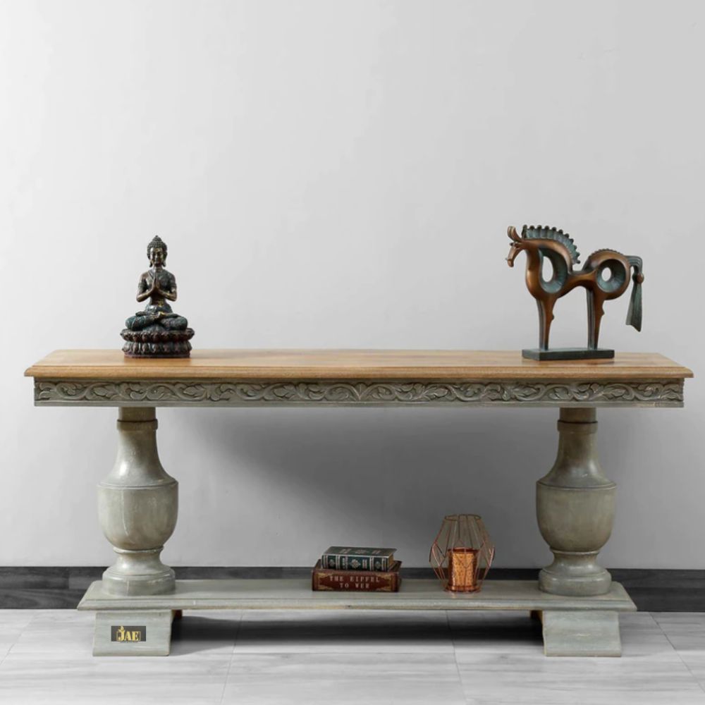 French Provincial Style Grey Wooden Pillar Console Table - Elegant Entryway, Living Room, or Hallway Decor for Home & Office