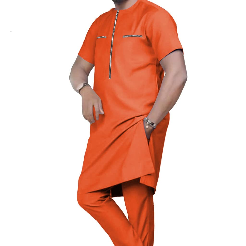 **Men's African Dashiki Tracksuit Set - Cotton Vintage Slim Fit Tops & Pants, Short Sleeve Tunic Shirt Outfit for Casual Wear, Street Style & Cultural Events**