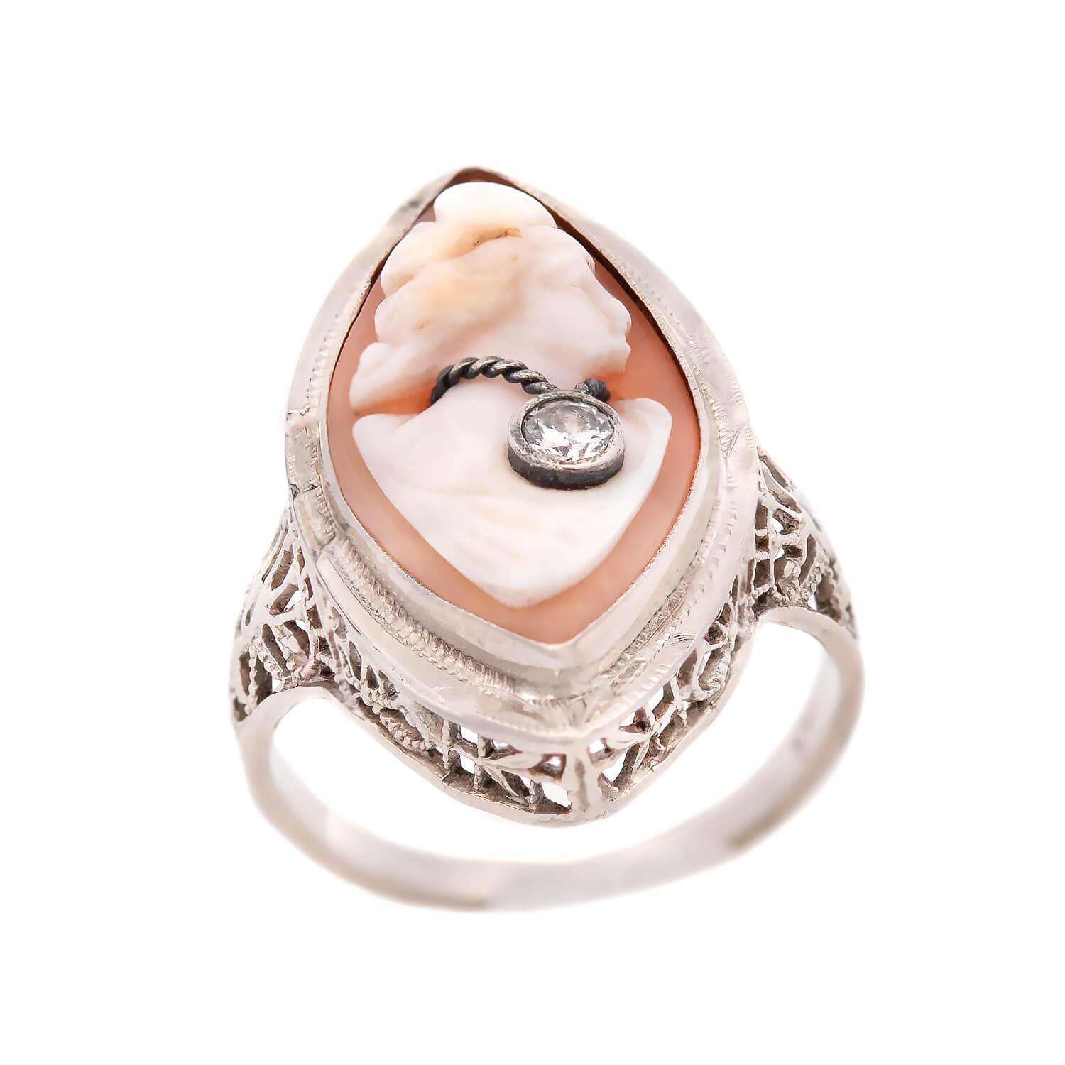 Vintage Art Deco 14K Gold & Diamond Shell Cameo Ring - Elegant Antique Jewelry for Women, Perfect for Weddings, Anniversaries & Special Occasions