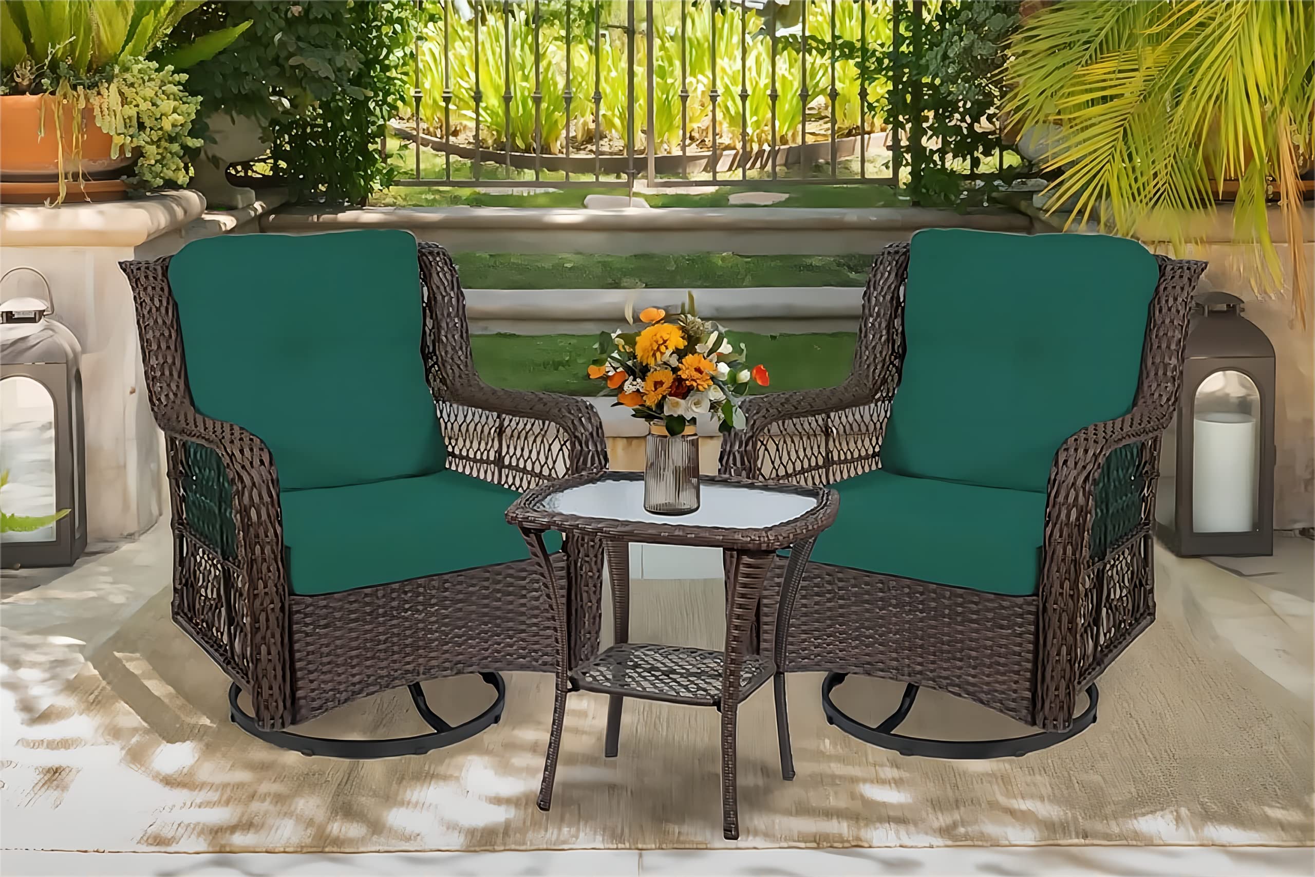 Premium 360° Swivel Rocking Wicker Patio Chairs Set of 2 with Glass-Top Side Table - 3-Piece Outdoor Bistro Furniture Set with Thick Cushions (Blue) - Perfect for Backyard, Garden, Poolside & Patio Relaxation