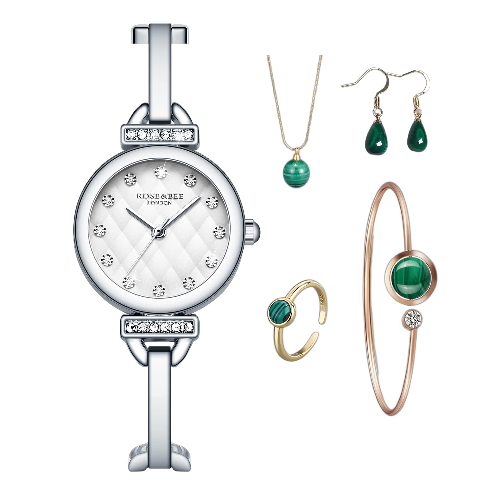 Rose&Bee Ultra Slim Women’s Diamond Watch - White Stainless Steel Band, Ladies Elegant Watch with 4-Piece Accessories Set - Perfect for Everyday Wear, Office & Special Occasions - Rose Flower Gift Box Packaging