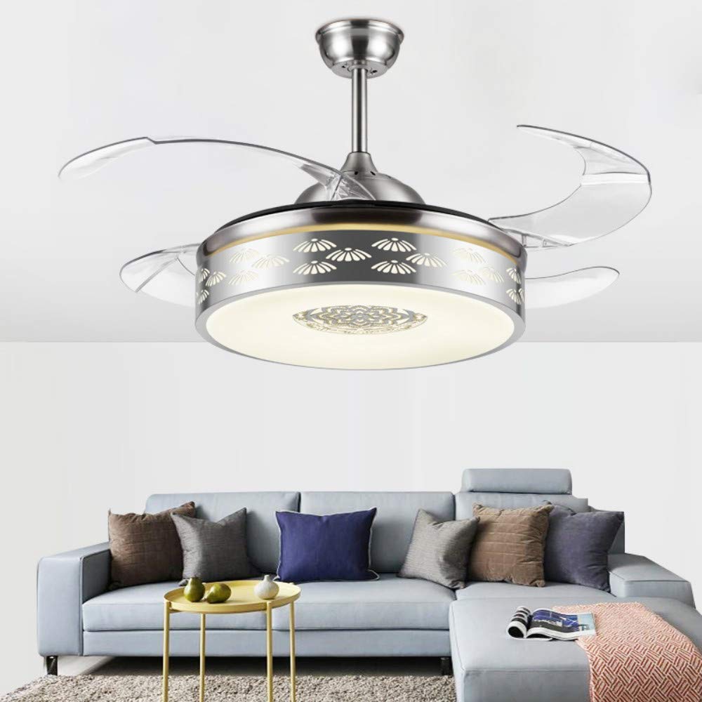 42 Inch Invisible Reversible Ceiling Fan with Remote Control - 3 Color Changing LED Lights, 4 Retractable Blades, Modern Fandelier for Living Room, Bedroom, Office - Indoor Ceiling Fan Light Combo (Silver) | Perfect for Home Cooling and Stylish Lighting