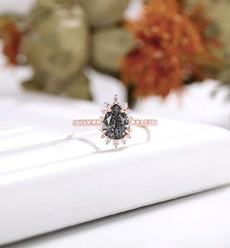 Vintage Black Rutilated Quartz Art Deco Engagement Ring | Pear Shaped Halo Wedding Band with CZ/Diamond Accents | Unique Bridal Jewelry for Women | Perfect for Weddings, Anniversaries, Birthdays & Everyday Wear