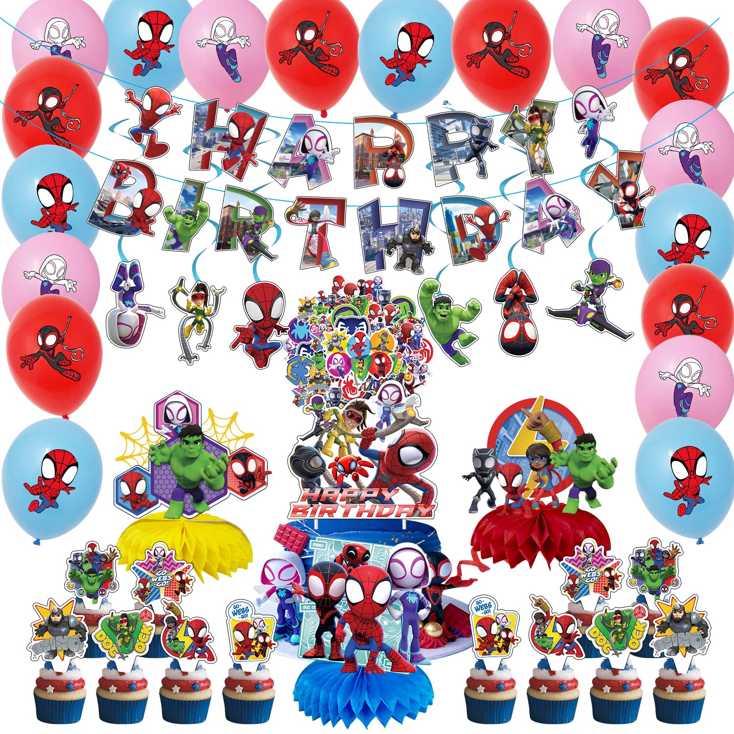 Spider Theme Birthday Party Decorations Set for Kids - Includes Spider Banner, Printed Balloons, Cake Decorations & Honeycomb Centerpieces | Halloween, Superhero, or Arachnid-Themed Party Supplies