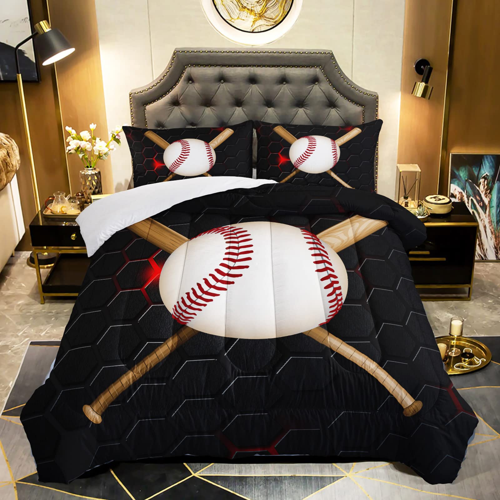 QOOMO Baseball Comforter Set for Kids & Teens - Twin Size Black Microfiber 3-Piece Bedding with 1 Comforter & 2 Pillowcases - Soft, Lightweight Boys' Sports Theme Bed Set - Perfect for Bedrooms, Sleepovers, and Baseball Fans