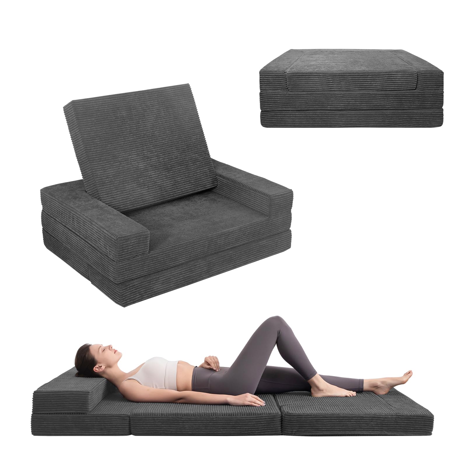 MAXYOYO Multifunctional Folding Sofa Bed - Convertible Sleeper Sofa, Guest Bed & Floor Couch with Mattress - Space Saving Dark Grey Futon for Small Apartments, Living Rooms & Guest Rooms