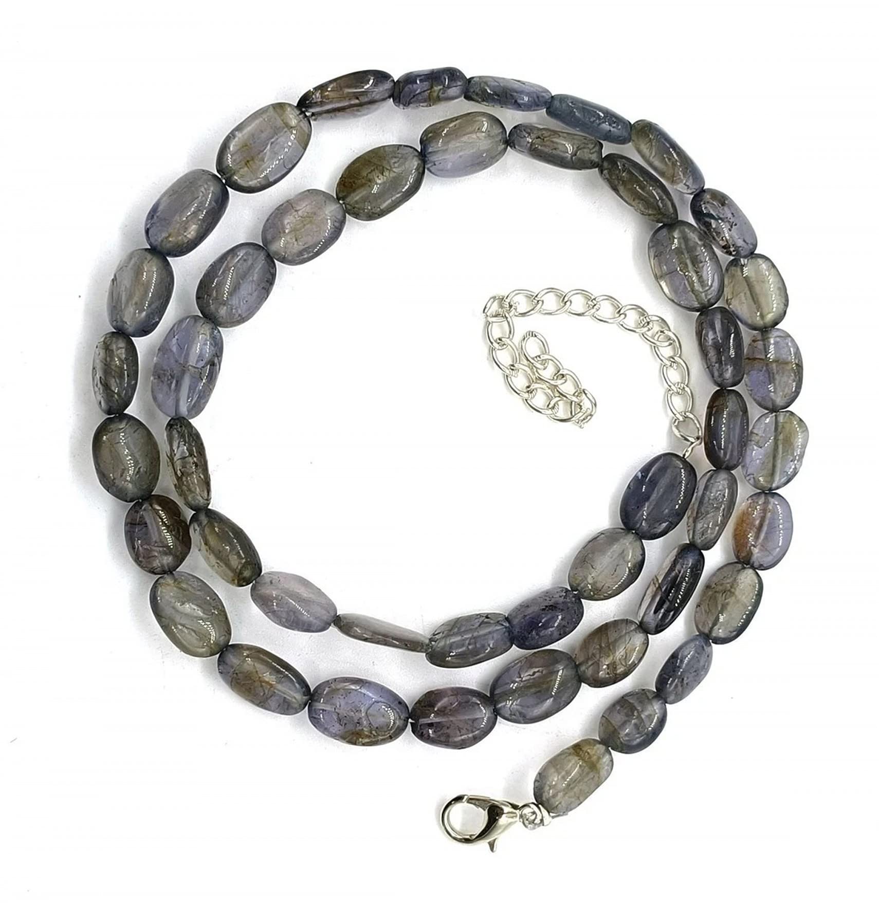 Shree Narayani Natural Iolite Oval Smooth Beads Necklace 7x9-8x12mm - Women's Healing Gemstone Jewelry, Valentine's Day Gift for Her - Perfect for Meditation, Energy Healing & Special Occasions