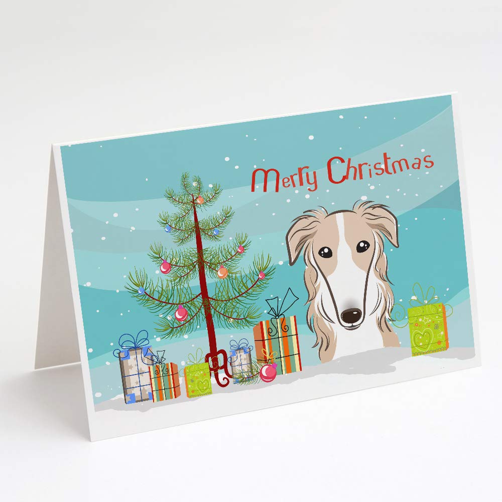 Christmas Tree and Borzoi Greeting Cards - Pack of 8 Blank A7 Note Cards with Envelopes (5x7 Inches) | Whimsical Holiday Stationery for Christmas Gifts, Party Invitations & Festive Correspondence