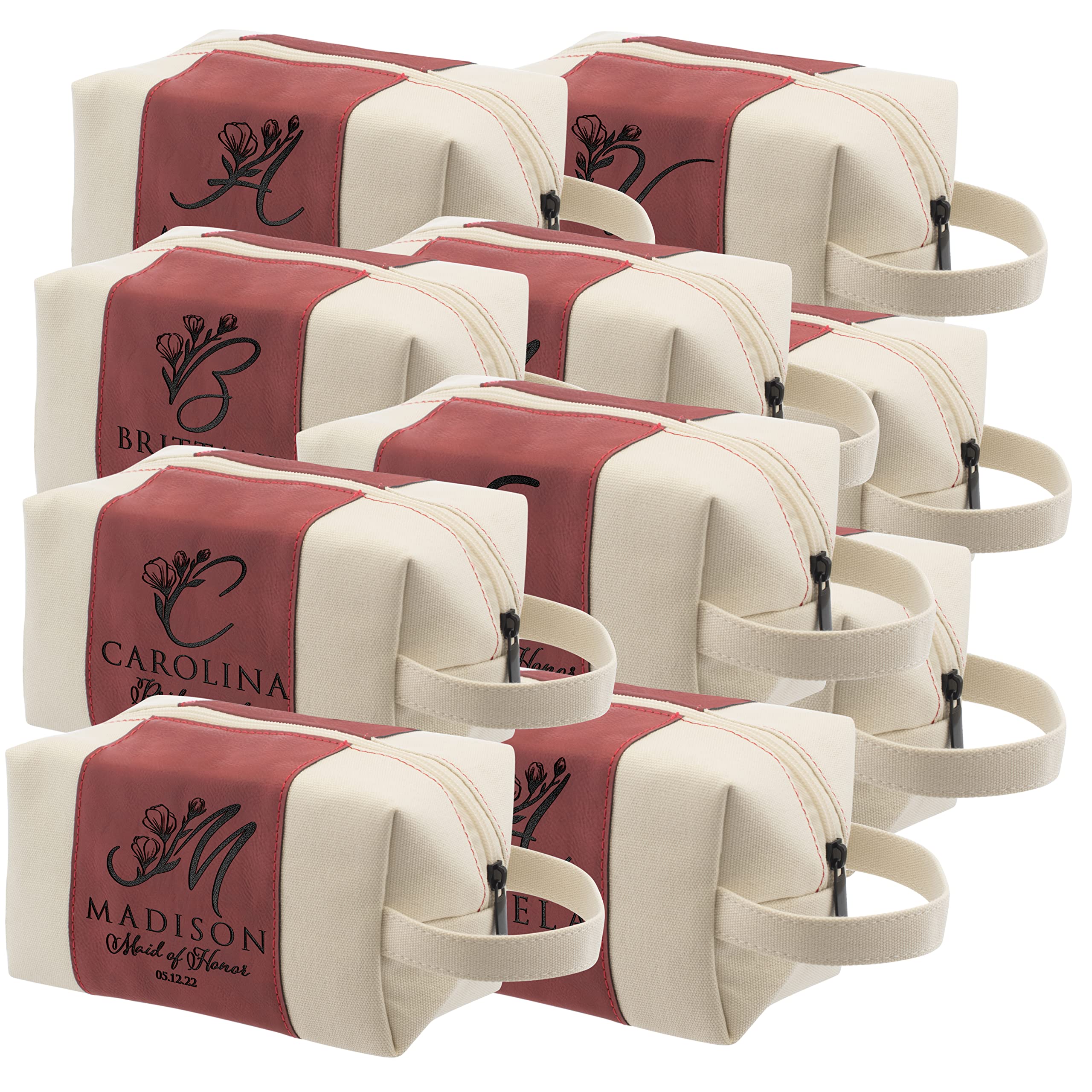 Personalized Bridesmaid Gifts Set of 10 - Custom Toiletry Bags for Women with Name, Title & Date - 3 Designs & 4 Colors - Perfect for Bridesmaid Proposals, Bridal Showers & Bachelorette Parties (Chestnut)