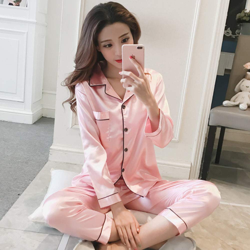 AAJIA Women's Satin Pajamas Set - Long Sleeve Button Down Sleepwear & Loungewear (M-5XL) - Soft Pink 4XL for Comfortable Sleep & Relaxation at Home