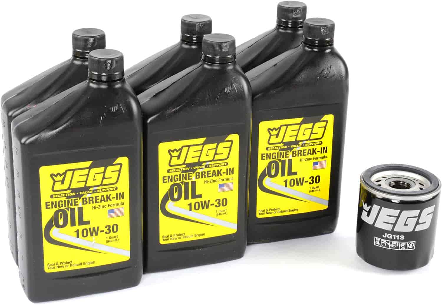 JEGS JG113K High Performance Oil Filter with 6 Quarts 10W-30 Break-In Oil - Compatible with Most Cars & Trucks - Ideal for Engine Maintenance & First Oil Change After Rebuild