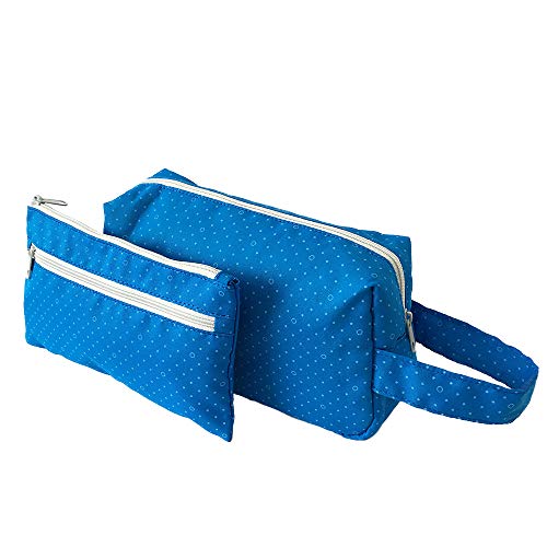 Tainada 2-Piece Cosmetic & Toiletries Storage Pouch Set - Multi-Purpose Organizer Bag with Handle for Makeup, Jewelry, Tech Accessories - Includes Free Cleaning Cloth (Blue Polka Dots) - Perfect for Travel, Home & Office Organization