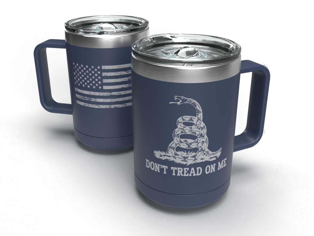 FRINGEkreative Gadsden Flag 'Don't Tread On Me' Snake Design Stainless Steel Wine Tumbler & Coffee Travel Mug with Lid - 15 oz Funny Gift for Men, Dad, Veterans - Navy Blue - Perfect for Camping, Office, Road Trips & Patriotic Events