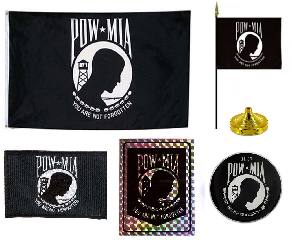 POW MIA Military Flag Set - 3x5 ft American Flag, Decal, Lapel Pin, Desk Flag & Patch - Honoring Prisoners of War & Missing in Action - Perfect for Veterans Day, Memorial Day & Patriotic Home Decor