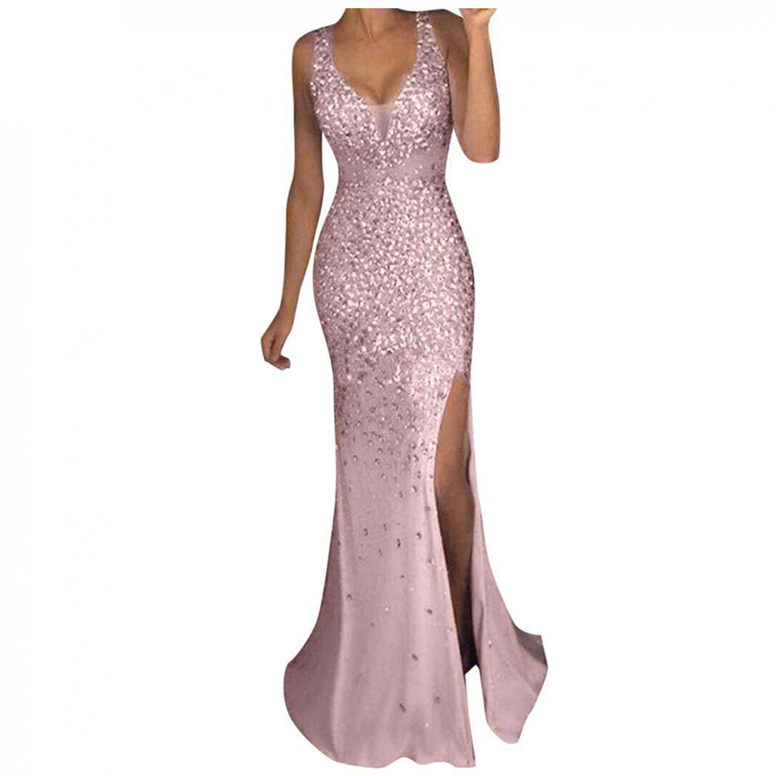 Sparkly Sequin Party Dress for Women - Glitter Sleeveless Bodycon Maxi Dress with V-Neck & High Slit | Perfect for Weddings, Club Nights & Special Occasions