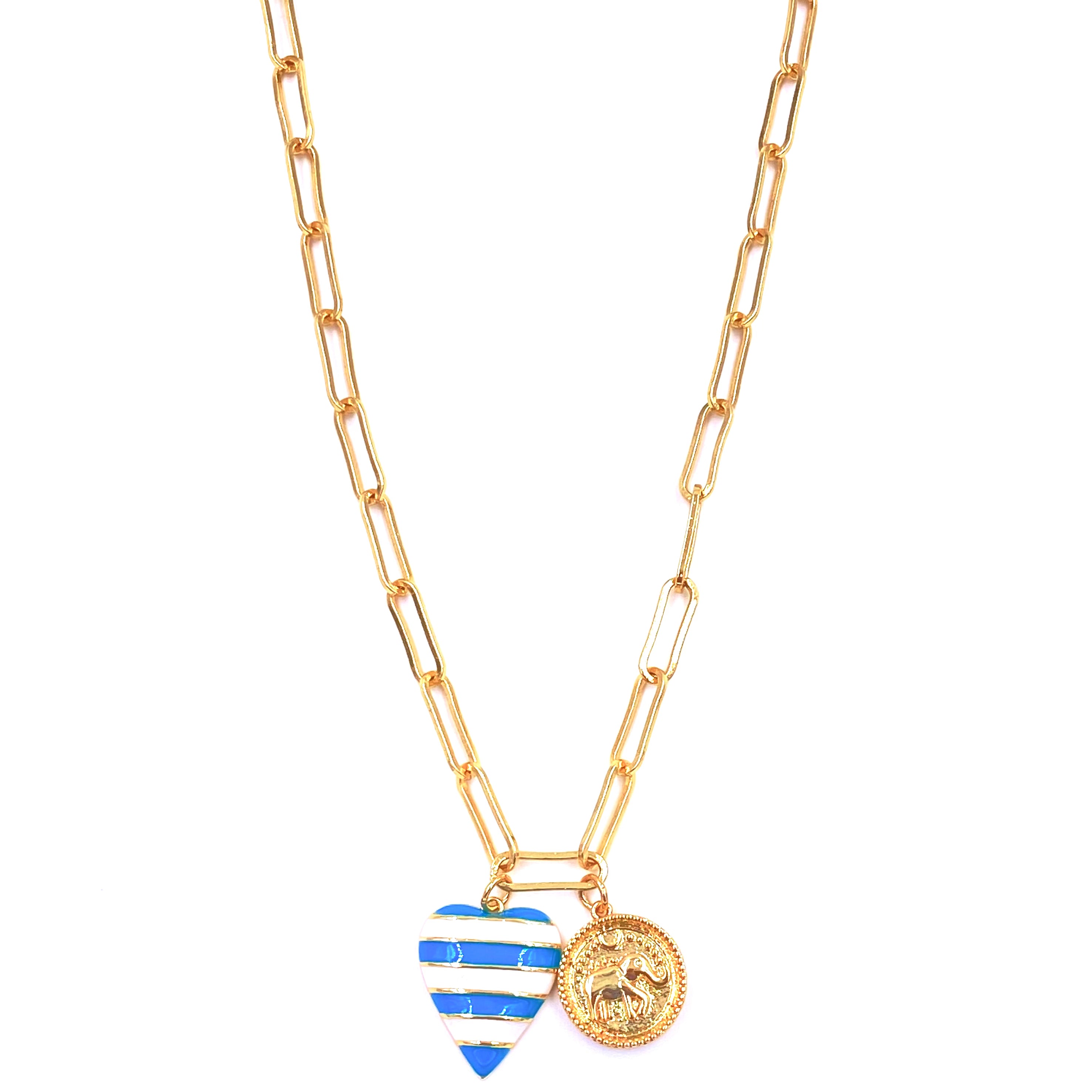 Ashley Gold Stainless Steel Heart & Elephant Charm Necklace - Blue & White Striped Enamel Coin Pendant Jewelry for Women - Perfect for Valentine's Day Gifts, Birthday Presents & Everyday Wear