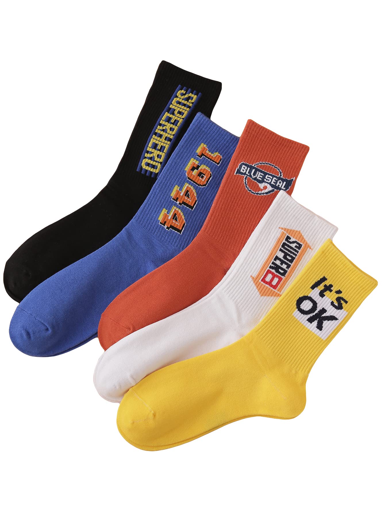 WDIRARA Men's 5-Pack Letter Print Athletic Socks - Breathable Running Crew Socks for Casual Wear, Gym & Sports | Comfortable Cotton Blend Socks for Daily Use, Workout & Gift Giving