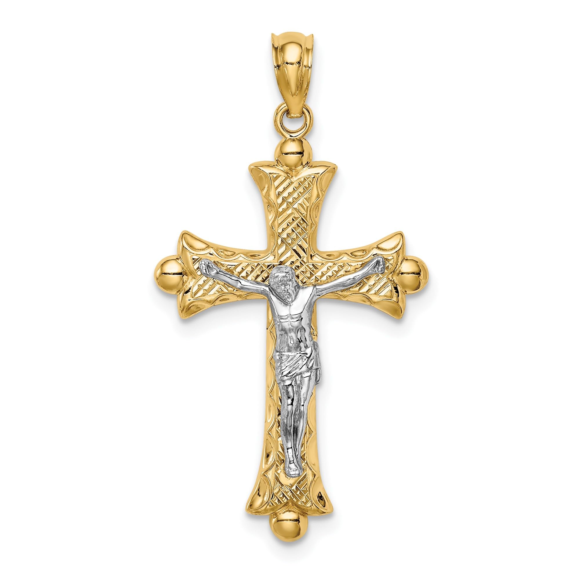 14K Solid Two-Tone Gold Florentine Jesus Christ Crucifix Cross Necklace - Religious Pendant Charm for Women & Men - Perfect for Church, Baptism, First Communion & Gifts