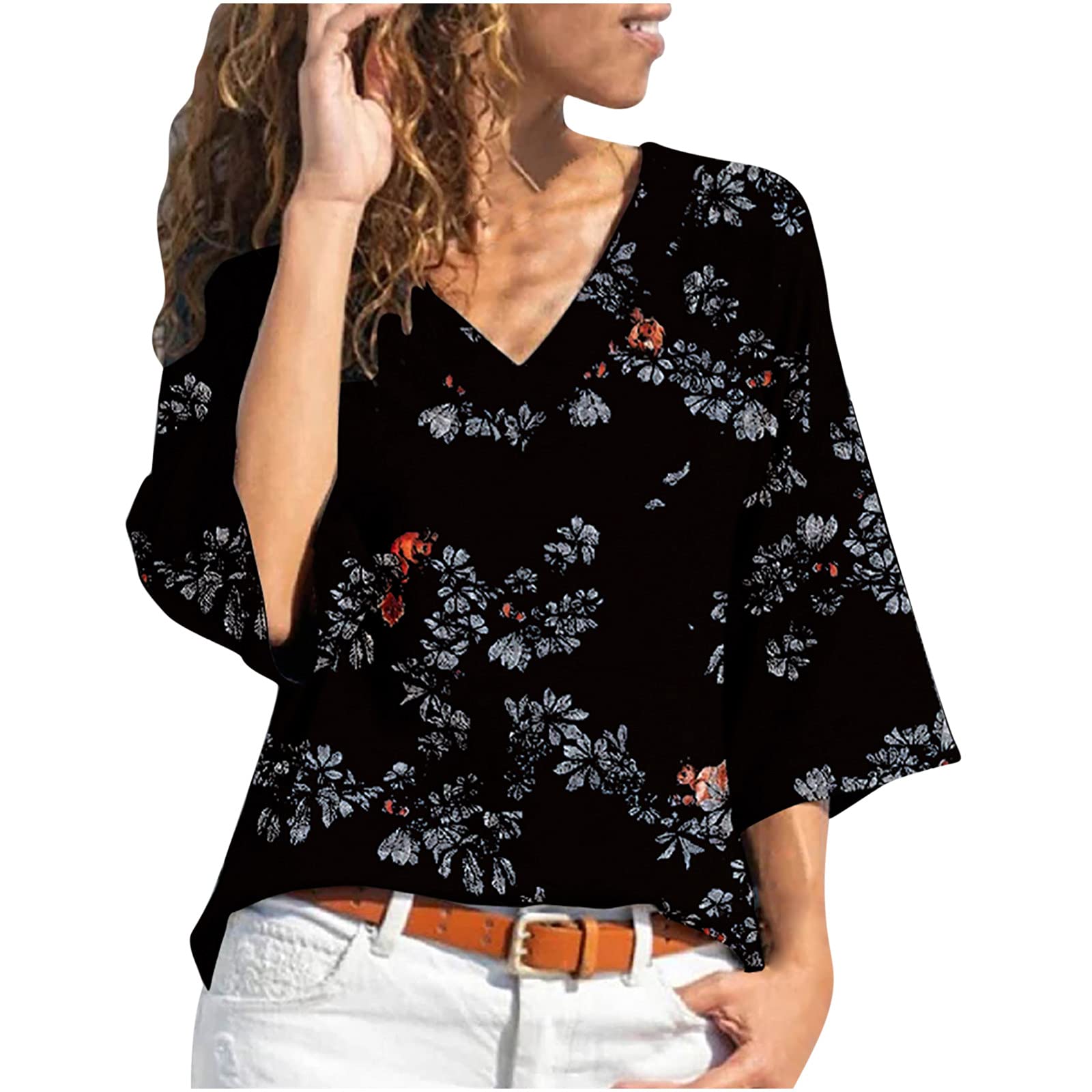 TUNUSKAT Women's Summer 3/4 Sleeve Floral Print Blouse - Trendy Casual Loose Fit V-Neck Boho Top for Beach, Vacation & Everyday Wear
