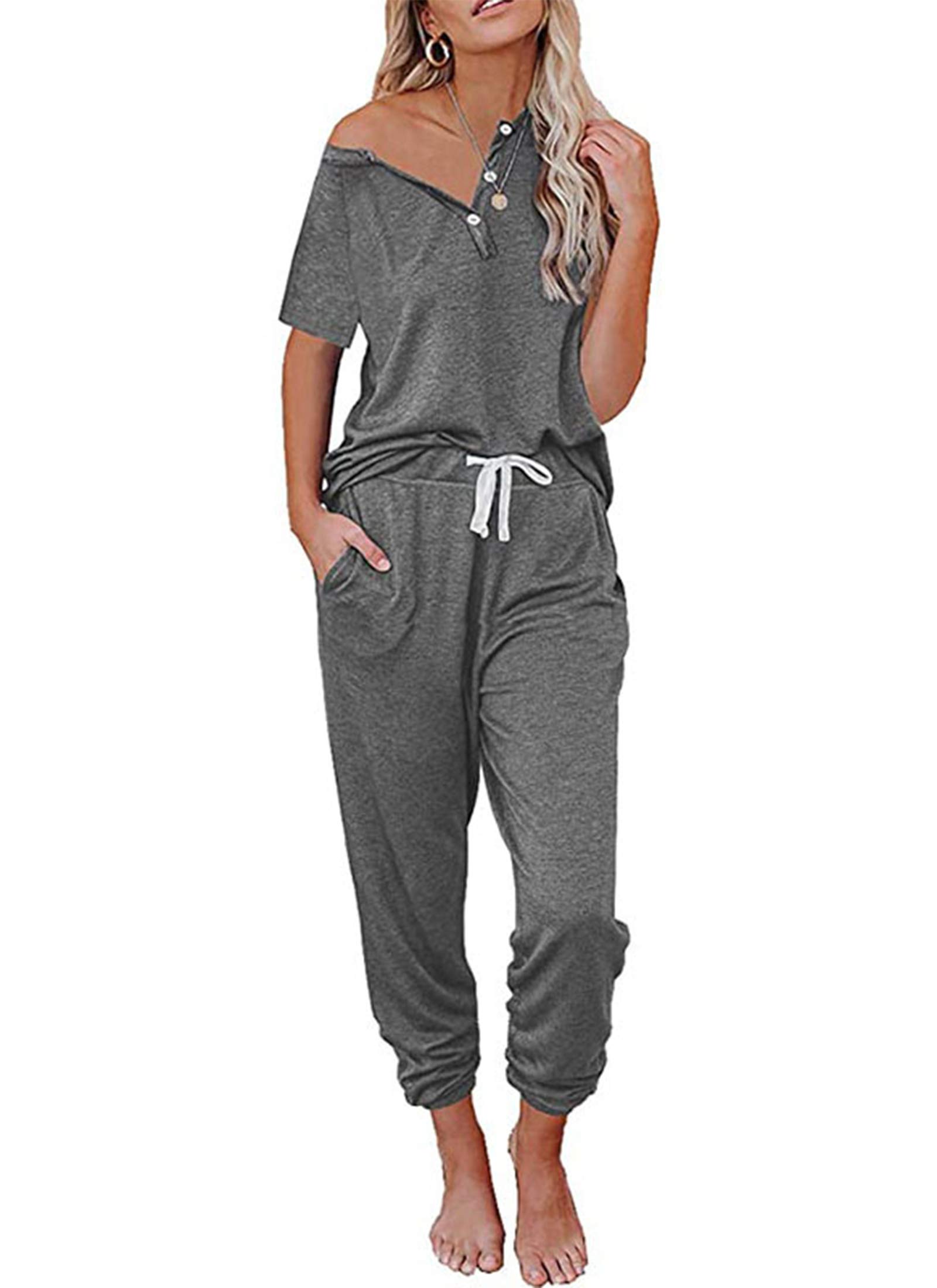 Women's Casual Short Sleeve Button Up Shirt & Jogger Pants 2-Piece Lounge Set - Comfortable Tracksuit Outfit for Home, Workout, and Running Errands