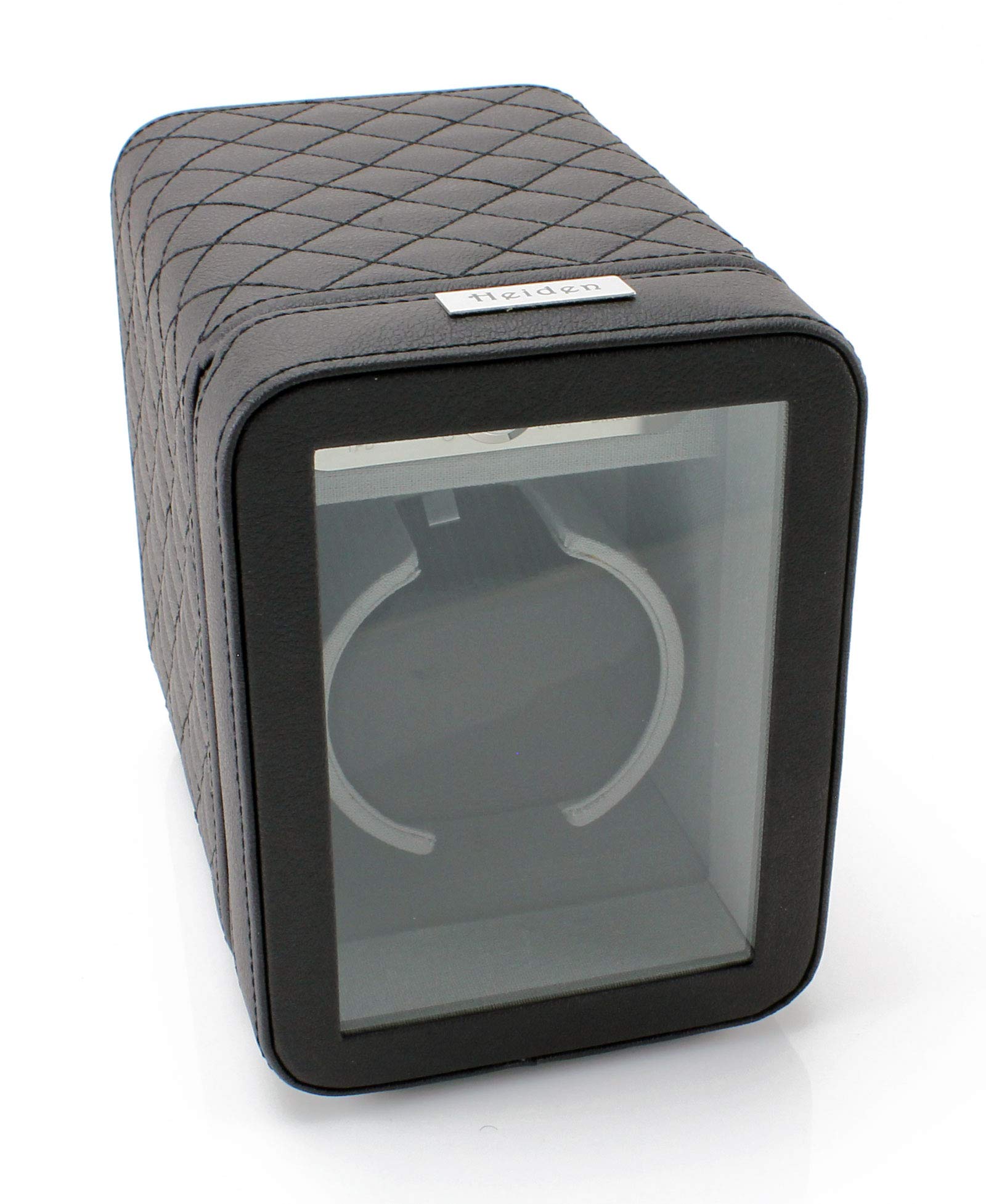 Premium Heiden Monaco Single Watch Winder - Black Vegan Leather with Diamond Stitching | 12 Program Settings | Battery & AC Powered | Spacious Soft Linen Interior for Large Watches | Perfect for Watch Collectors & Luxury Timepiece Storage at Home or Office