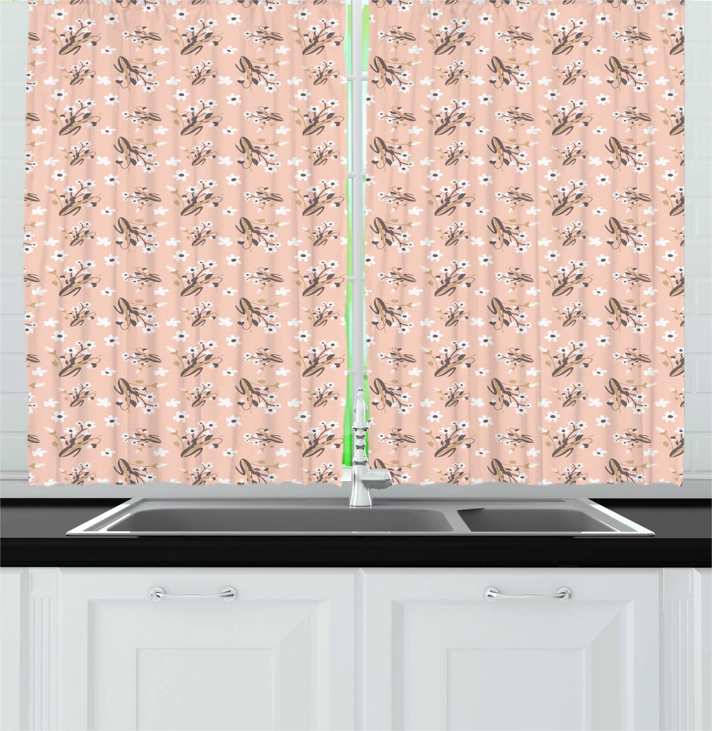 Ambesonne Floral Long Kitchen Curtains - Daisy Blossom Spring Revival Pattern with Rod Pocket, 55x45 Inches, Peach Grey & White | Elegant Window Treatment for Dining Room, Living Room & Bedroom Decor