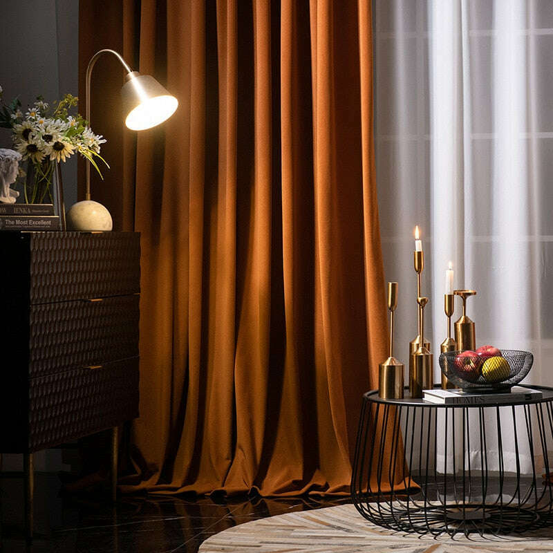 Luxury Modern Herringbone Designer Velvet Curtains - Orange Blackout Drapes for Living Room & Bedroom - Elegant Window Treatment for Home Decor
