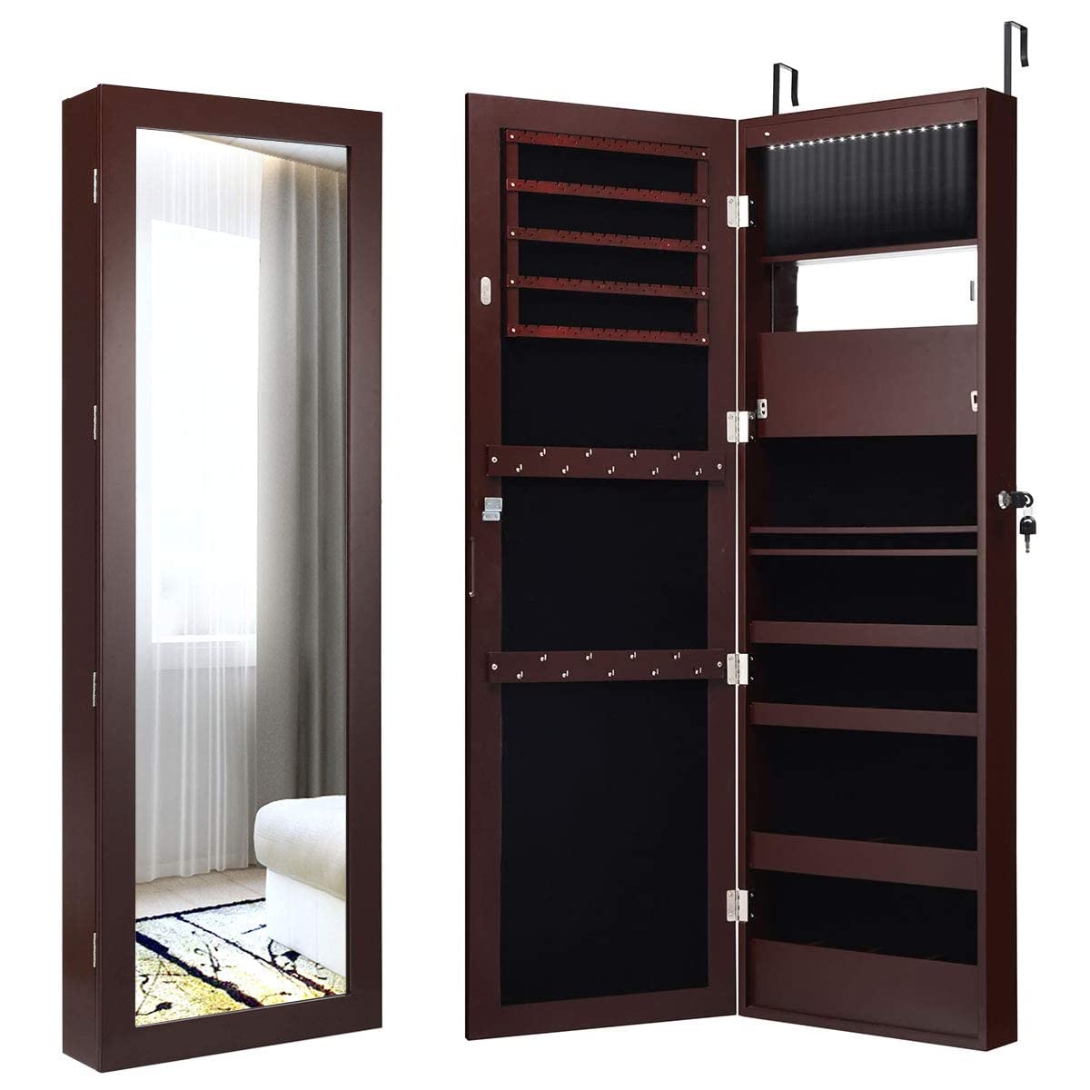 MAT EXPERT 15-LED Lighted Jewelry Armoire with Full-Length Mirror - Lockable Wall/Door Mounted Jewelry Cabinet Organizer for Bedroom, Dressing Room & Makeup Display - Brown (Perfect for Small Spaces & Gift Giving)