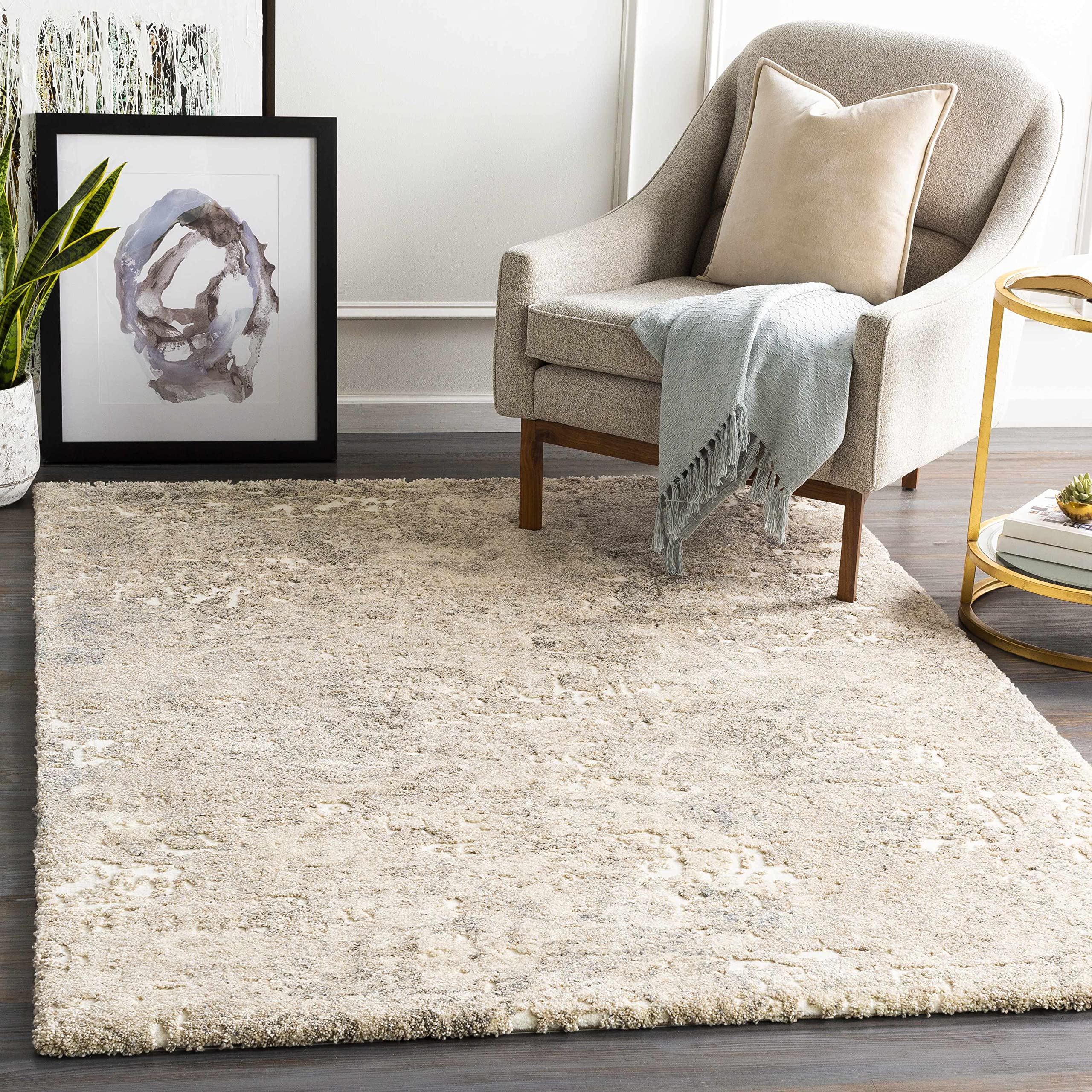 Modern High Pile Area Rug for Living Room & Bedroom - Blue, Brown, Ivory - 7'10