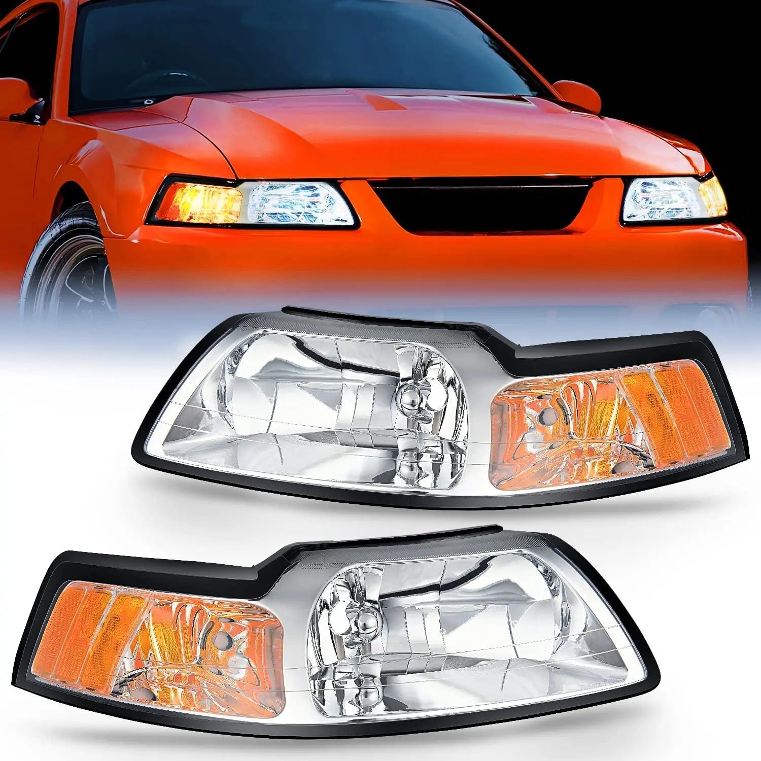 1999-2004 Ford Mustang Headlight Assembly - Chrome Housing with Amber Reflector - Replacement for Front Lighting - Perfect for Night Driving & Car Restoration Projects
