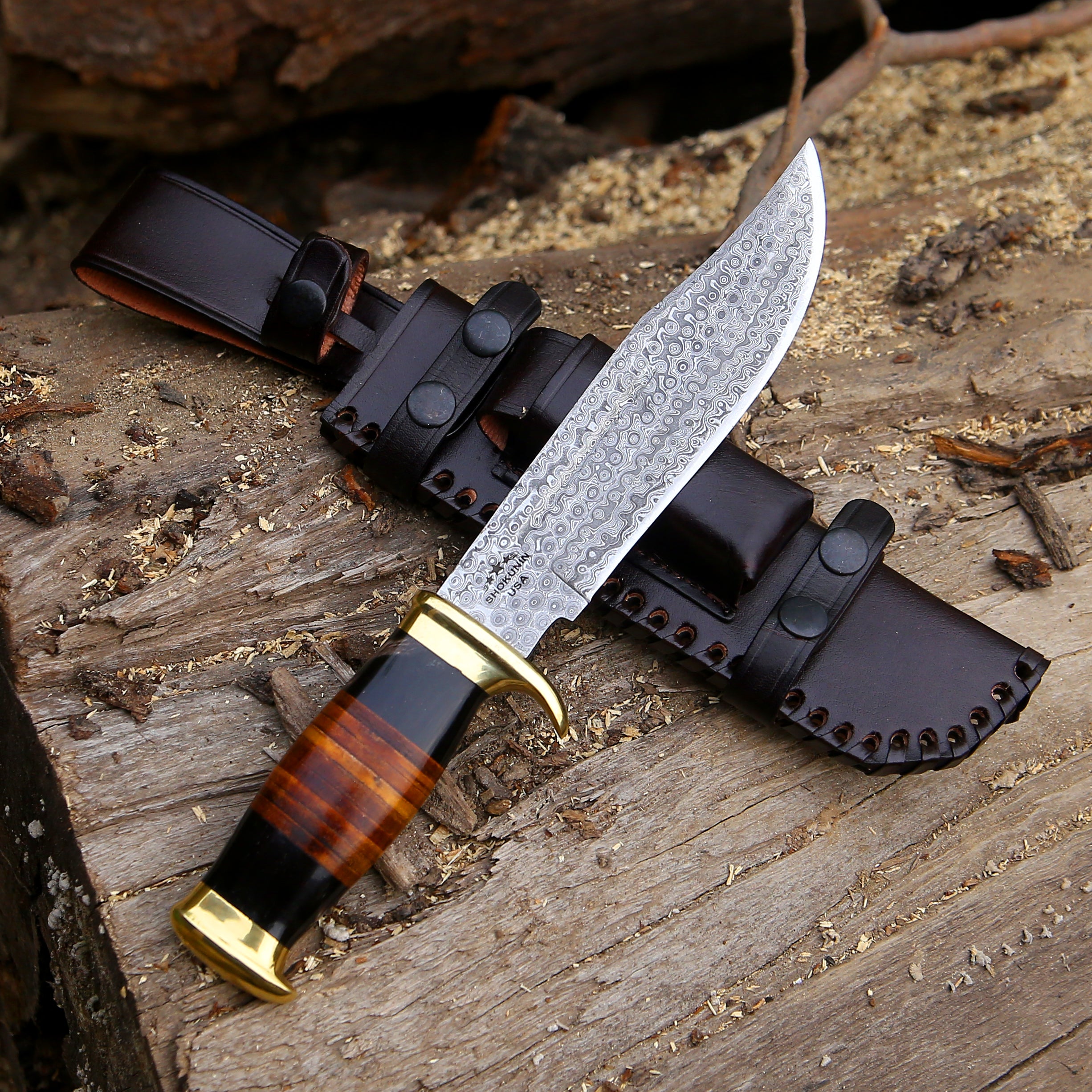 Premium Custom Bowie Knife with Genuine Bull Horn Handle & Stacked Leather Grip - Hunting, Camping, Outdoor Survival & Collectible Knife for Men