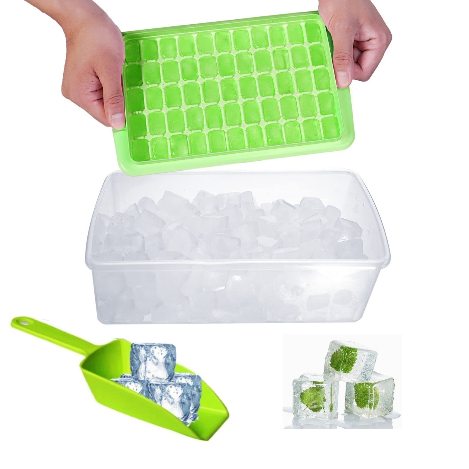 BPA-Free Ice Cube Tray with Lid & Storage Bin - 55-Cube Silicone Mold for Freezer, Includes Scoop & Cover (Green) - Perfect for Cocktails, Smoothies & Home Drink Making