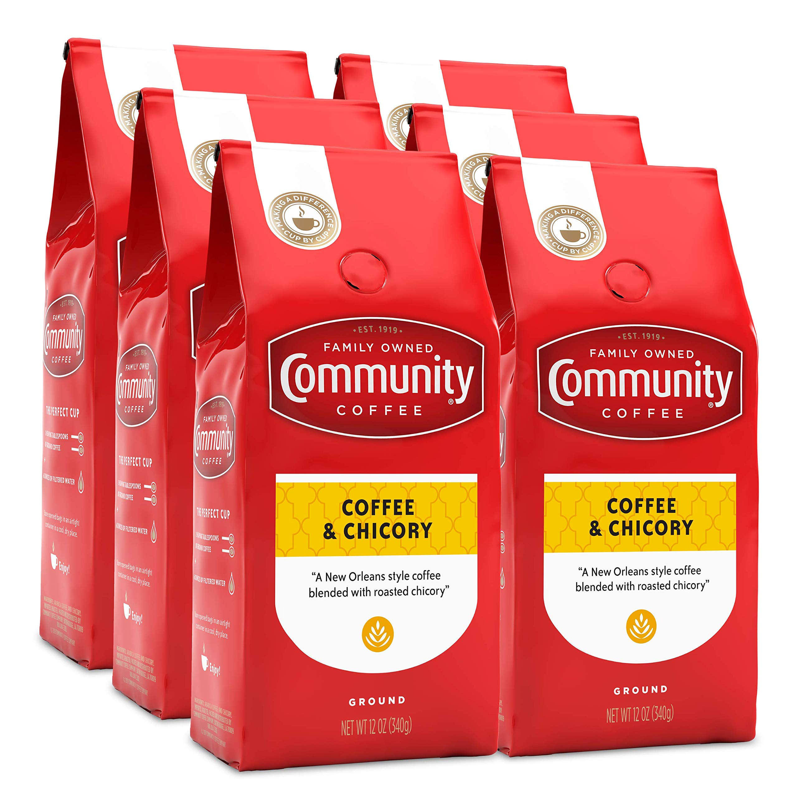 Community Coffee & Chicory Blend - Medium Dark Roast Ground Coffee (72 oz, Pack of 6) | Rich Flavor for Home Brewing, Office Use & Gifts | Premium New Orleans Style Coffee