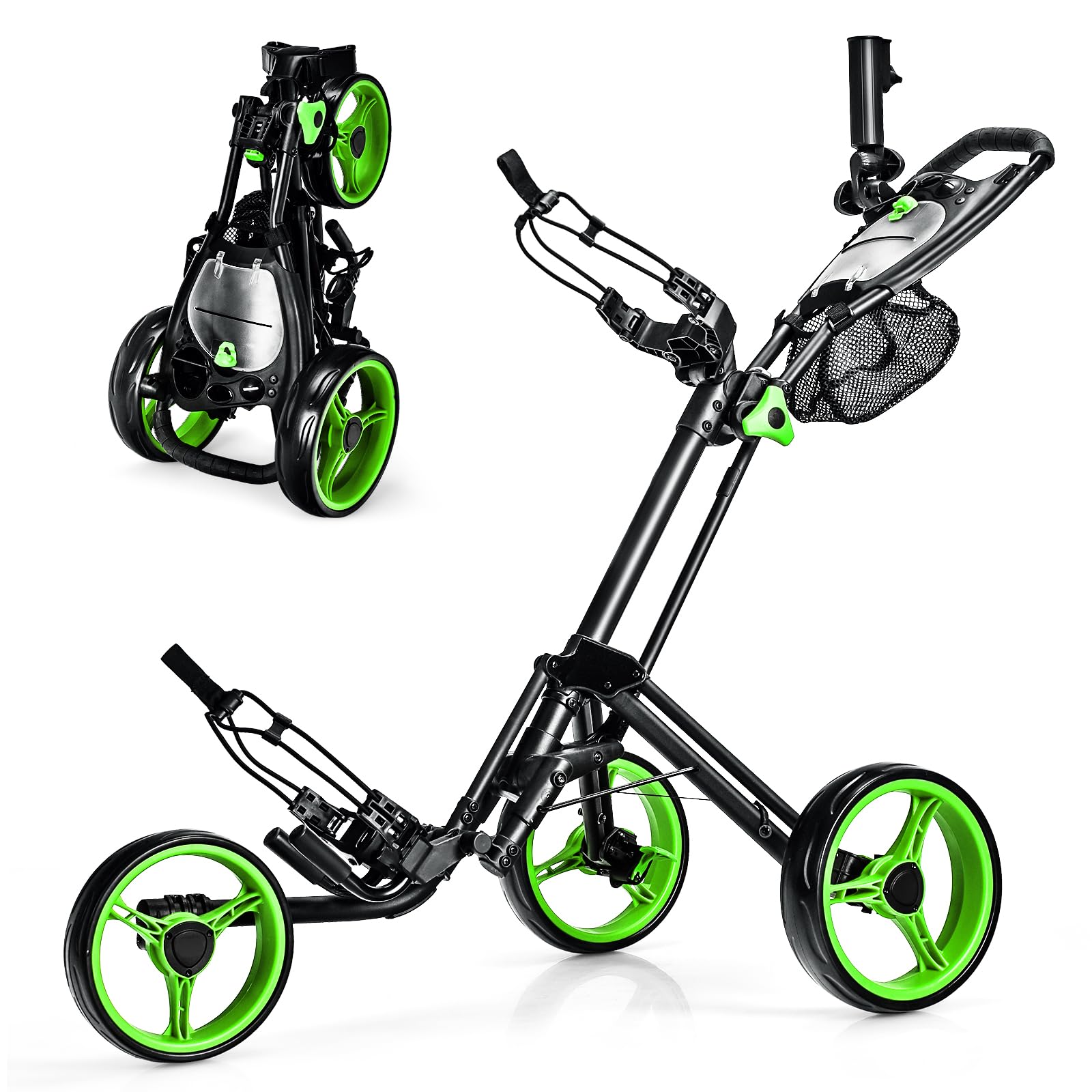Ultimate 3 Wheel Golf Push Cart - Lightweight Folding Golf Trolley with Scorecard Holder, Cup Holder, Umbrella Holder & Golf Bag Holder - Includes Mesh Storage Bag, Adjustable Handle & Foot Brake - Perfect for Golf Courses, Driving Ranges & Outdoor Practice Sessions