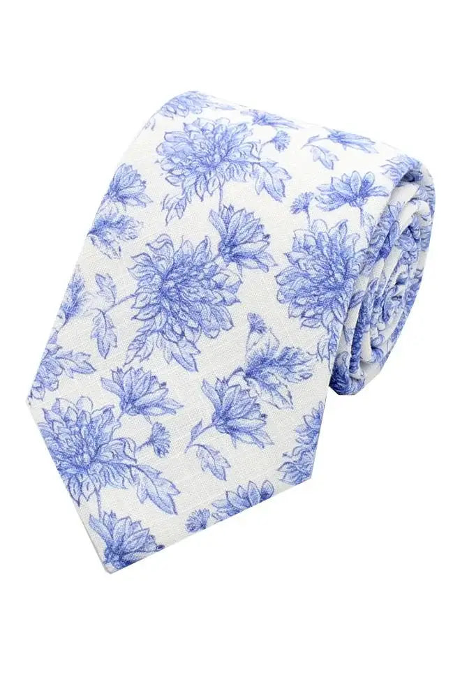 L.A. Smith Blue Linen Floral Tie and Pocket Square Set - Elegant Wedding, Prom & Formal Event Accessories for Men