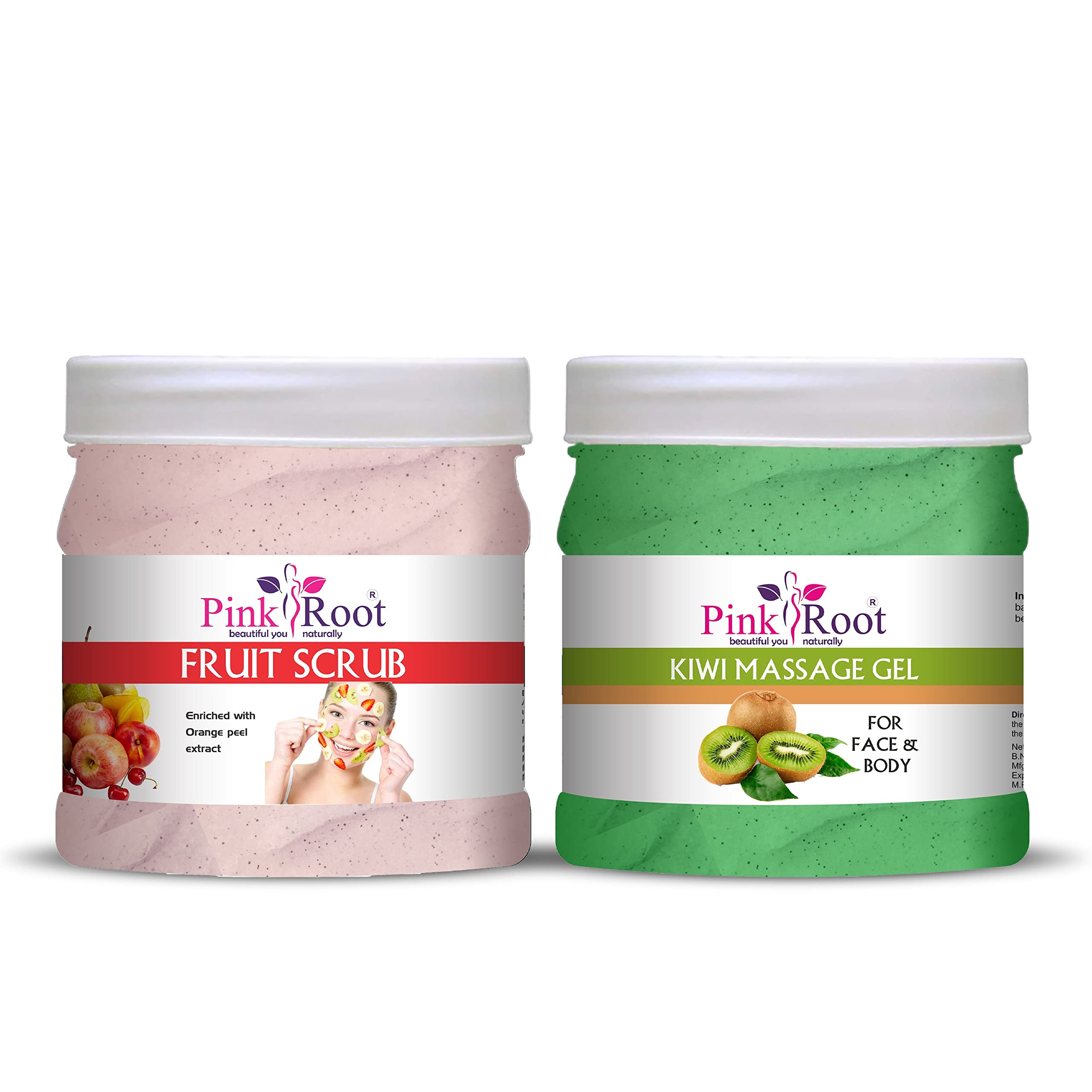 Pink Root Kiwi Massage Gel & Exfoliating Fruit Scrub Set - 500ml Each - Natural Skincare for Body & Face - Perfect for Spa, Relaxation & At-Home Self Care