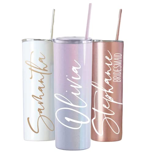 Personalized Stainless Steel Skinny Tumbler with Lid & Straw - Custom Name Engraved Insulated Cup - Perfect Gift for Mom, Her, Bridesmaids & Bridal Party (Unicorn Shimmer) - Great for Coffee, Iced Tea & Cold Drinks at Work, Gym or Travel